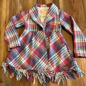 Girls size 5 Red Blue Plaid Pea Coat Fringe Single Button Billabong